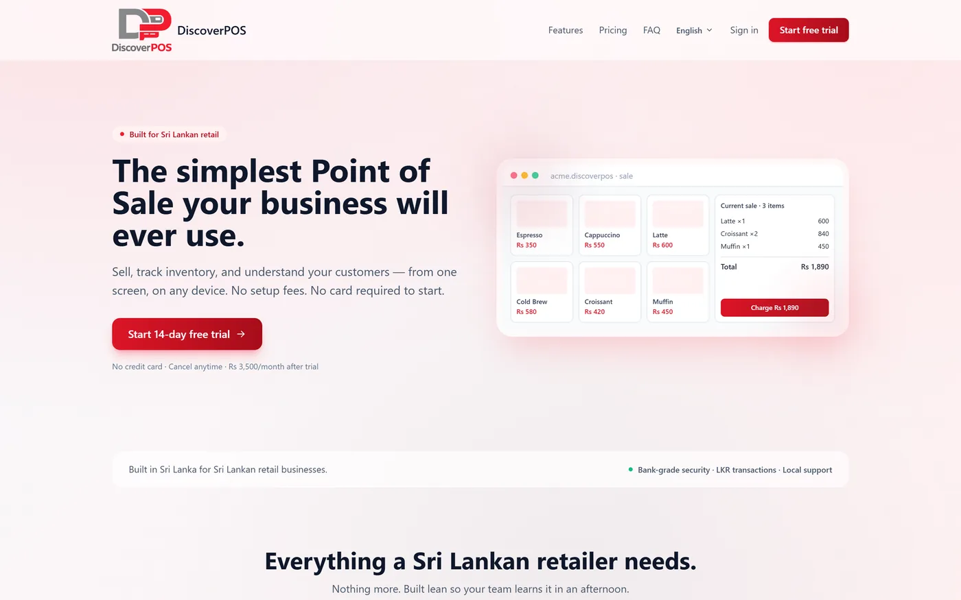 DiscoverPOS cloud POS checkout screen showing a product grid and live sale total in Sri Lankan Rupees
